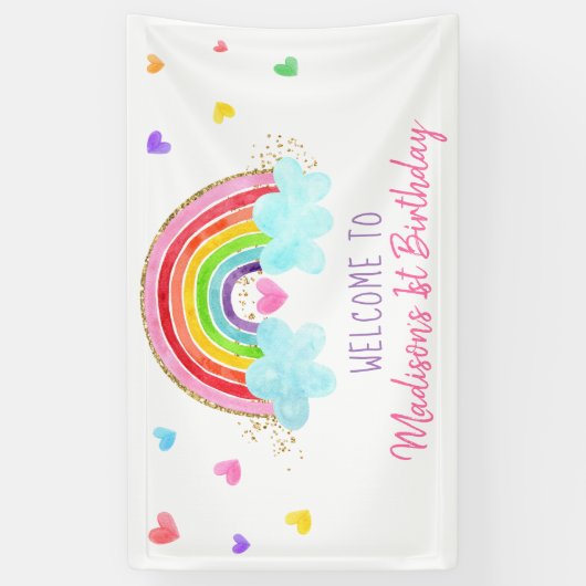 Rainbow Cloud Harten roze gouddag Spandoek (Verticaal)