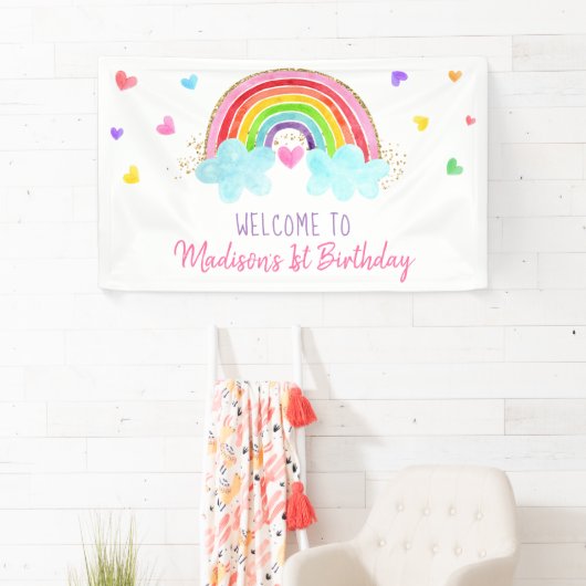 Rainbow Cloud Harten roze gouddag Spandoek (Insitu)