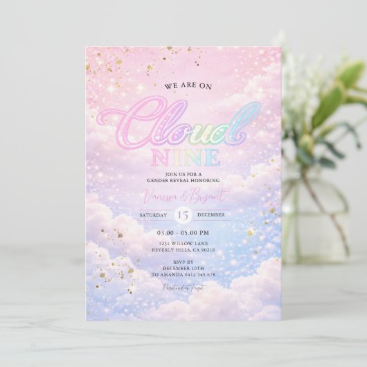Rainbow Cloud Nine Sky Glitter Gender Reveal  Kaart (Staand voorkant)