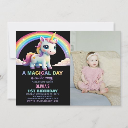 Rainbow Cloud Unicorn Birthday Invitations w foto Kaart (Voorkant)