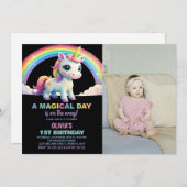 Rainbow Cloud Unicorn Birthday Invitations w foto Kaart (Voorkant / Achterkant)