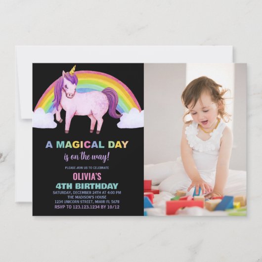 Rainbow Cloud Unicorn Birthday Invitations w foto Kaart (Voorkant)