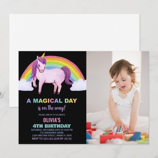 Rainbow Cloud Unicorn Birthday Invitations w foto Kaart (Voorkant / Achterkant)
