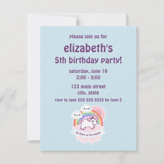 Rainbow Cloud Unicorn Birthday Party nodigt uit Kaart (Achterkant)