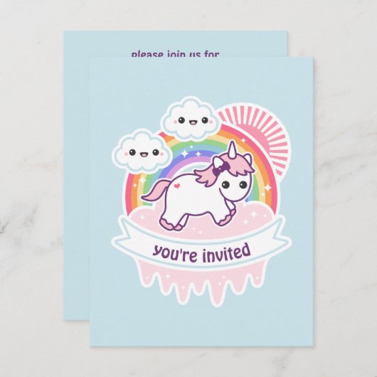 Rainbow Cloud Unicorn Birthday Party nodigt uit Kaart (Voorkant / Achterkant)