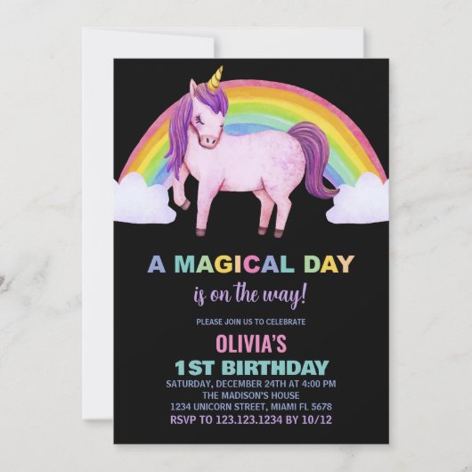 Rainbow Cloud Unicorn Birthday-uitnodigingen Kaart (Voorkant)