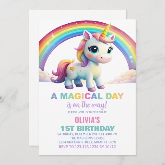 Rainbow Cloud Unicorn Birthday-uitnodigingen Kaart (Voorkant / Achterkant)
