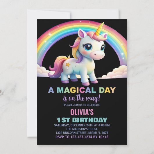 Rainbow Cloud Unicorn Birthday-uitnodigingen Kaart (Voorkant)