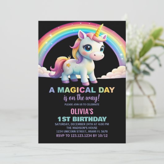 Rainbow Cloud Unicorn Birthday-uitnodigingen Kaart (Staand voorkant)