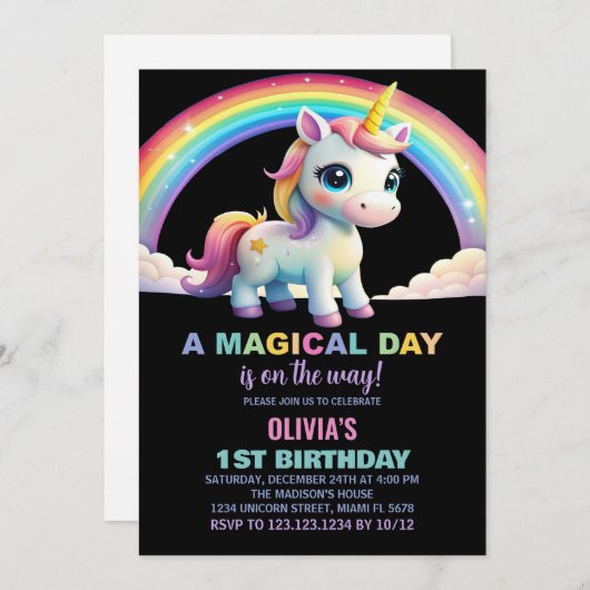 Rainbow Cloud Unicorn Birthday-uitnodigingen Kaart (Voorkant / Achterkant)