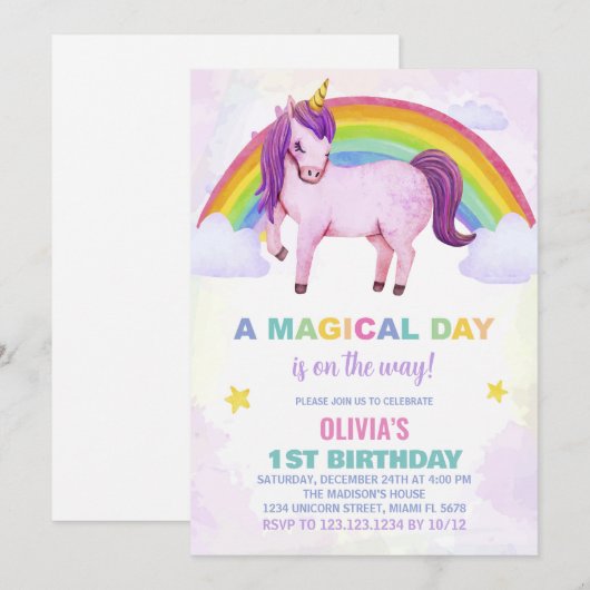 Rainbow Cloud Unicorn Birthday-uitnodigingen Kaart (Voorkant / Achterkant)