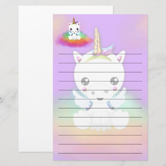 Rainbow Cloud Unicorn op Paars Briefpapier (Voorkant / Achterkant)