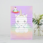 Rainbow Cloud Unicorn op Paars Briefpapier (Staand voorkant)