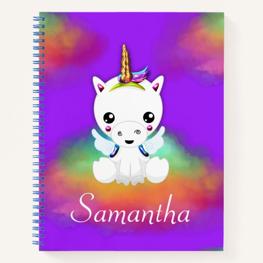 Rainbow Cloud Unicorn op Paars Notitieboek (Voorkant)