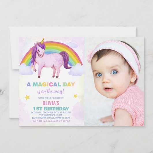 Rainbow Cloud Unicorn Verjaardag Uitnodigingen fot (Voorkant)