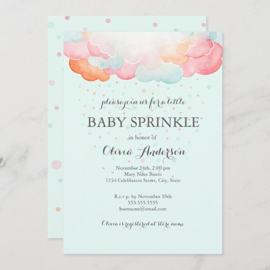 Rainbow Clouds Blue Baby Sprinkle Invitation Kaart (Voorkant / Achterkant)