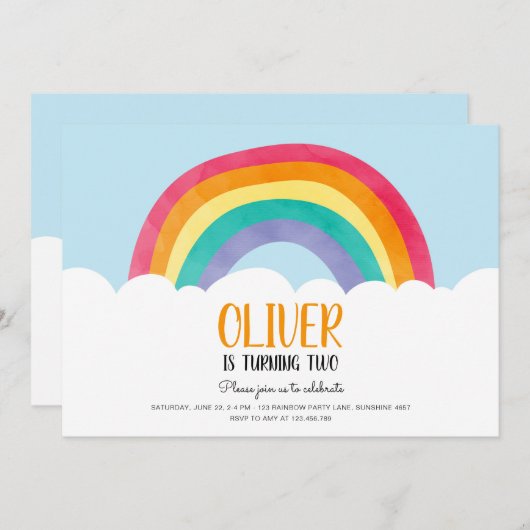 Rainbow Clouds Blue Boy Fun Verjaardag Uitnodiging (Voorkant / Achterkant)