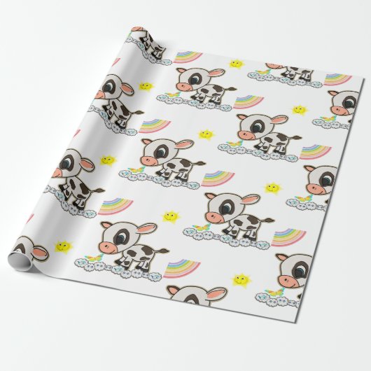 Rainbow Clouds Butterfly Wrapping Paper Cow Cadeaupapier (Uitgerold)