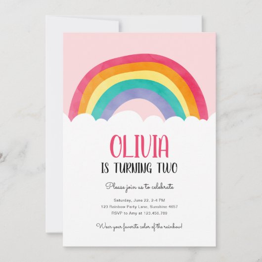 Rainbow Clouds Fun Pink Girl Birthday Uitnodiging (Voorkant)