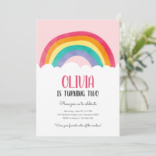 Rainbow Clouds Fun Pink Girl Birthday Uitnodiging (Staand voorkant)