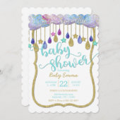 Rainbow Clouds & Gold Stars Baby shower Invitation Kaart (Voorkant / Achterkant)