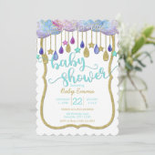 Rainbow Clouds & Gold Stars Baby shower Invitation Kaart (Staand voorkant)