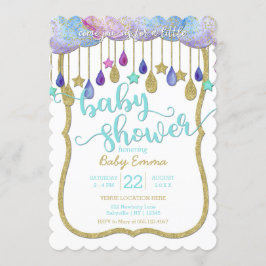 Rainbow Clouds & Gold Stars Baby shower Invitation Kaart