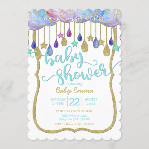 Rainbow Clouds & Gold Stars Baby shower Invitation Kaart