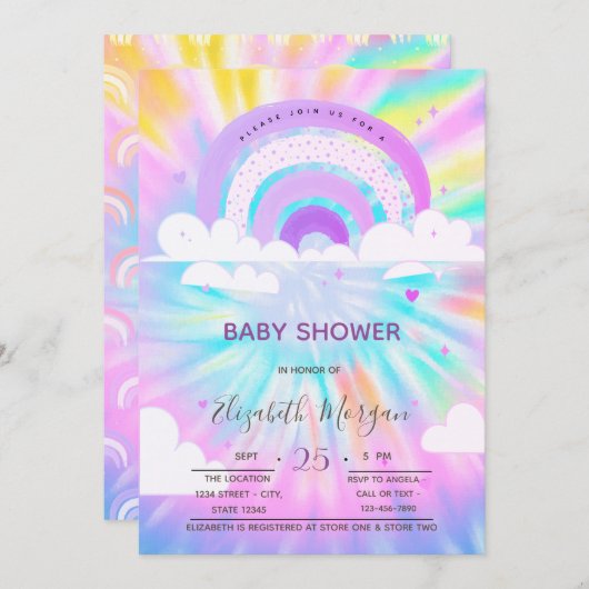Rainbow Clouds Hearts Tie Dye Baby shower Kaart (Voorkant / Achterkant)