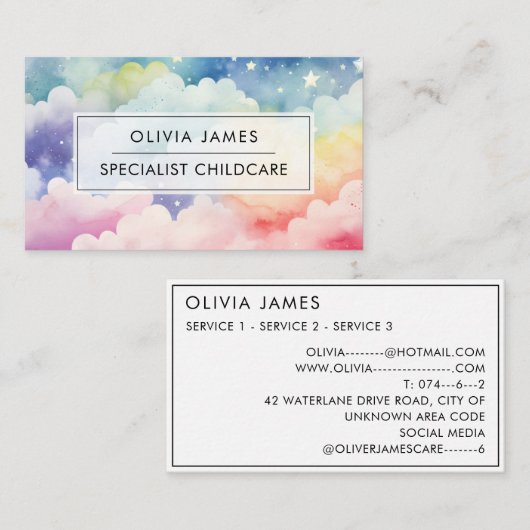 Rainbow Clouds Kinderopvang Babysitter Kinderopvan Visitekaartje (Voorkant / Achterkant)