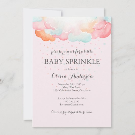 Rainbow Clouds Roze Baby Sprinkle Uitnodiging (Voorkant)