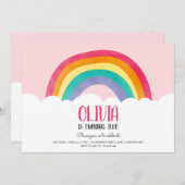 Rainbow Clouds roze Girl Fun Birthday Invitation Kaart (Voorkant / Achterkant)