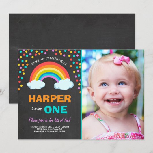Rainbow Colorful Birthday Party Invitation Chalk Kaart (Voorkant / Achterkant)