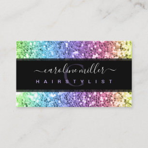 Rainbow Colorful Glitter Monogram Beauty Salon Visitekaartje