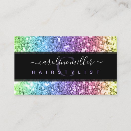 Rainbow Colorful Glitter Monogram Beauty Salon Visitekaartje (Voorkant)