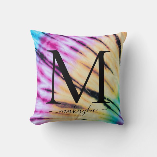 Rainbow Colorful Stropdas-Dye Teen Monogram Naam Kussen (Voorkant)