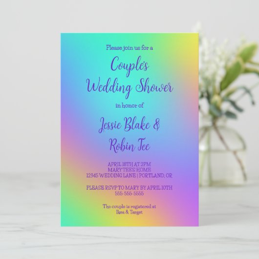 Rainbow Colors Couple's Wedding Shower Invitation Kaart (Staand voorkant)