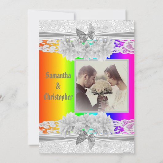 Rainbow coloured lace wedding photo invitation kaart (Achterkant)
