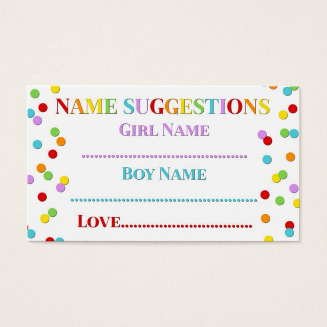 Rainbow Confetti Baby shower naam Suggestie Kaart (Voorkant)
