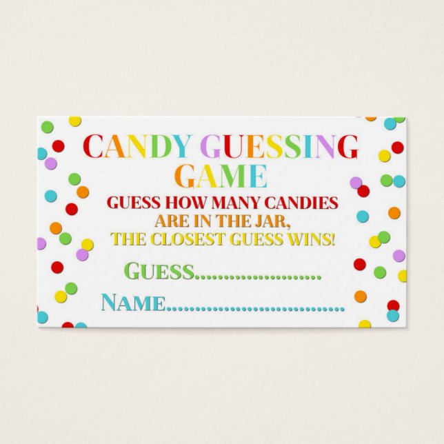 Rainbow Confetti Baby shower Snoep Guessing spel Visitekaartje (Voorkant)