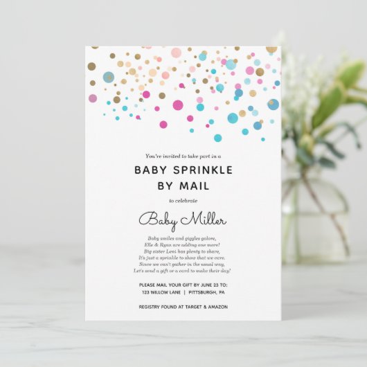 Rainbow Confetti Baby Sprinkle per Mail Invitation Kaart (Staand voorkant)