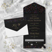 Rainbow Confetti Black en Gold Monogram Weddenscha All In One Uitnodiging