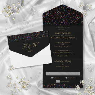 Rainbow Confetti Black en Gold Monogram Weddenscha All In One Uitnodiging
