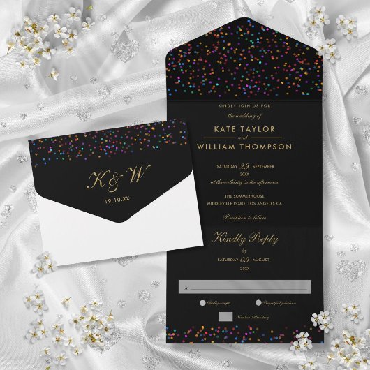 Rainbow Confetti Black en Gold Monogram Weddenscha All In One Uitnodiging