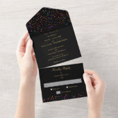 Rainbow Confetti Black en Gold Monogram Weddenscha All In One Uitnodiging (Afscheurbaar)