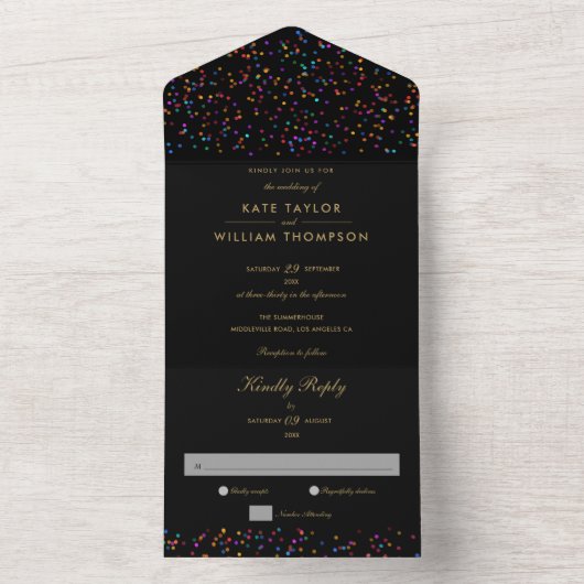 Rainbow Confetti Black en Gold Monogram Weddenscha All In One Uitnodiging (Binnen)
