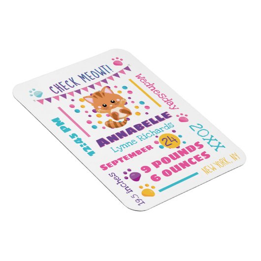 Rainbow Confetti Cute Kitty Cat Birth Stats Magneet (Rechterzijde)