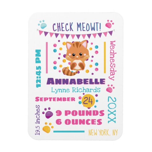 Rainbow Confetti Cute Kitty Cat Birth Stats Magneet (Verticaal)