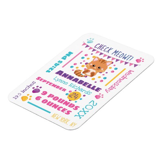 Rainbow Confetti Cute Kitty Cat Birth Stats Magneet (Linkerzijde)