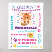 Rainbow Confetti Cute Kitty Cat Birth Stats Poster (Voorkant)